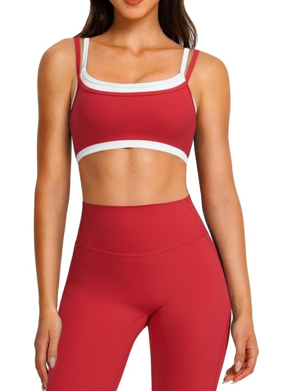 Layered Women's Workout Set - Strappy Sports Bra & Leggings Gym Outfit